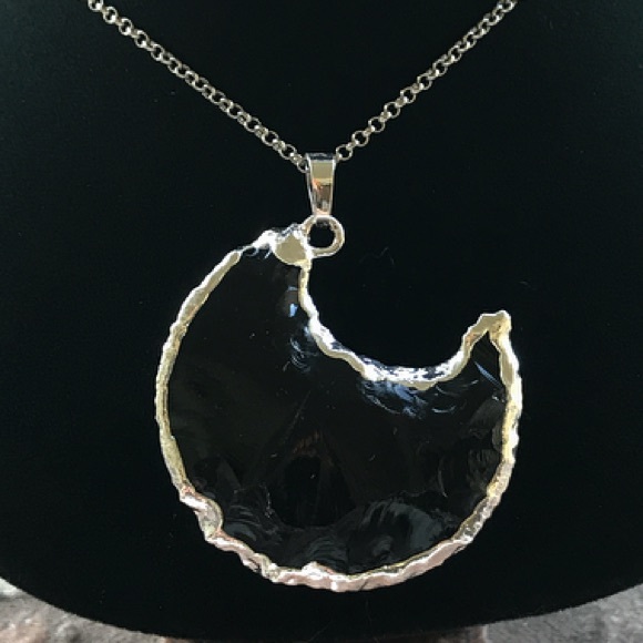 Genuine black obsidian big silver moon necklace - Picture 5 of 7